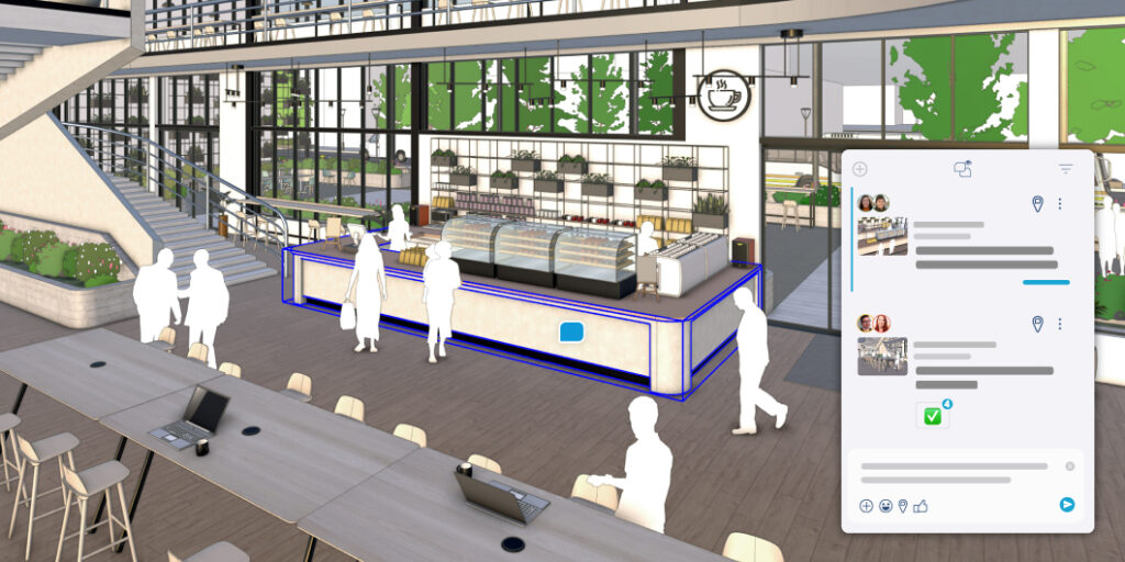 Screencapture of a SketchUp model highlighting the new in-app commenting feature, with a panel showing user comments.