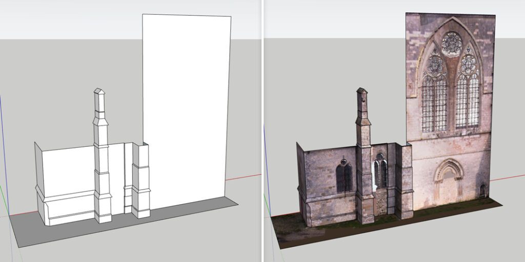 Side-by-side of a church façade model, showing a basic model and a model with the new Texture Projection feature.