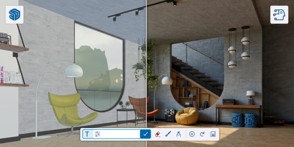 A residential living space with the drawing-style model on the left and a Diffusion render of the space on the right.